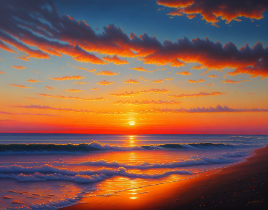 Tranquil beach scene with vibrant sunrise and reflective waves