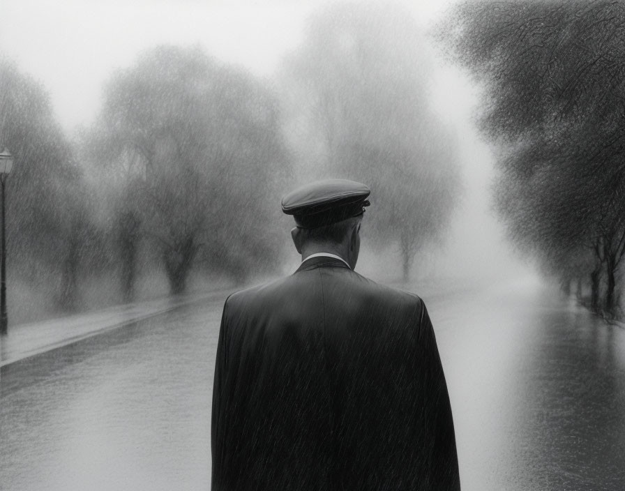 Uniformed man in cap stands in rain on tree-lined wet street