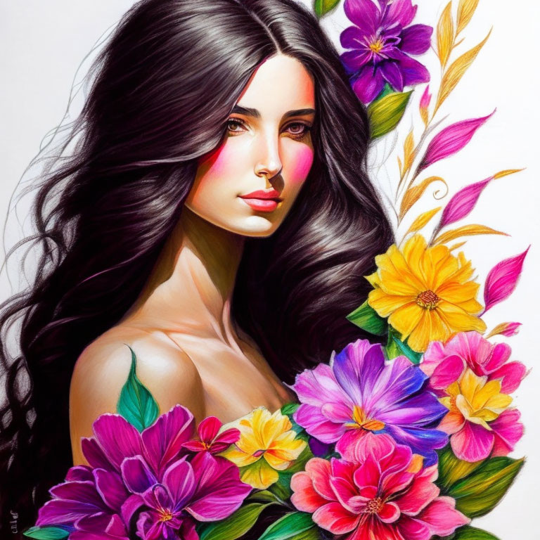 Colorful Illustration: Woman with Dark Hair and Flower Bouquet