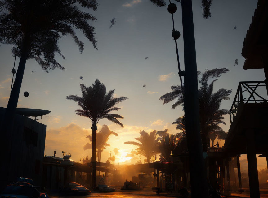 Tranquil sunset scene with silhouetted palm trees, street lamps, birds, and parked