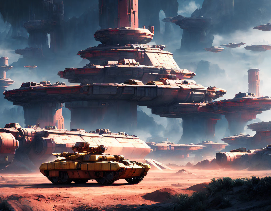 Sci-fi desert landscape with floating structures and hovering tanks