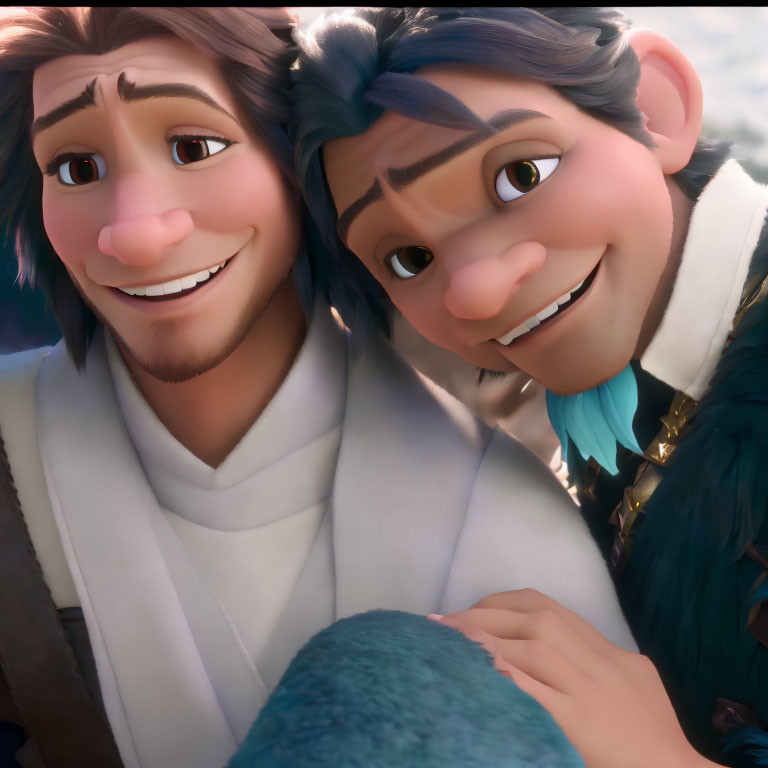 Close-up of two animated male characters showing a friendly bond with one character's arm around the other's