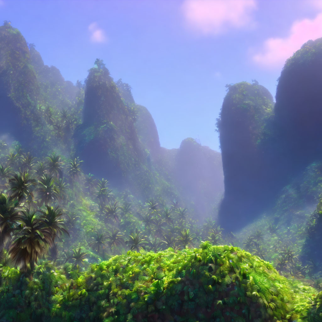 Lush tropical paradise with towering cliffs and palm trees