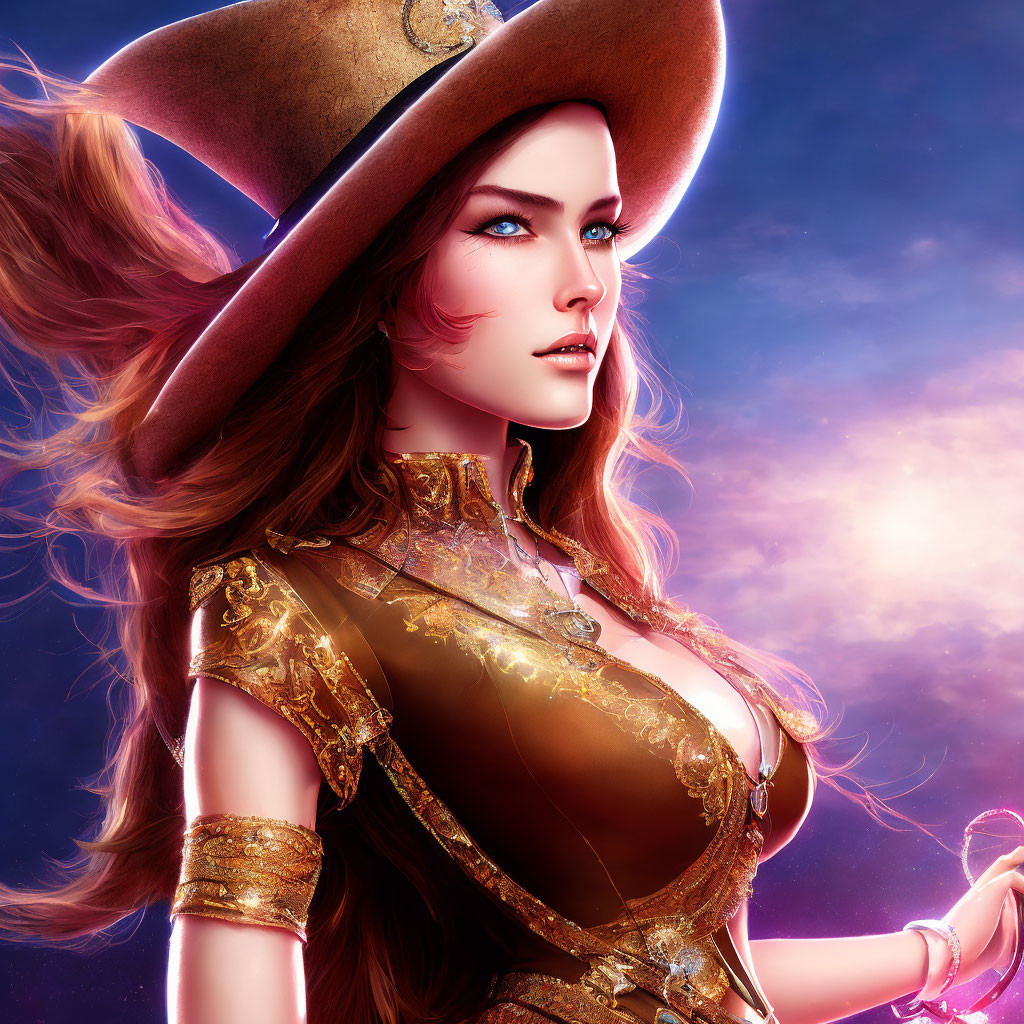 Detailed illustration of woman in golden brown pirate attire