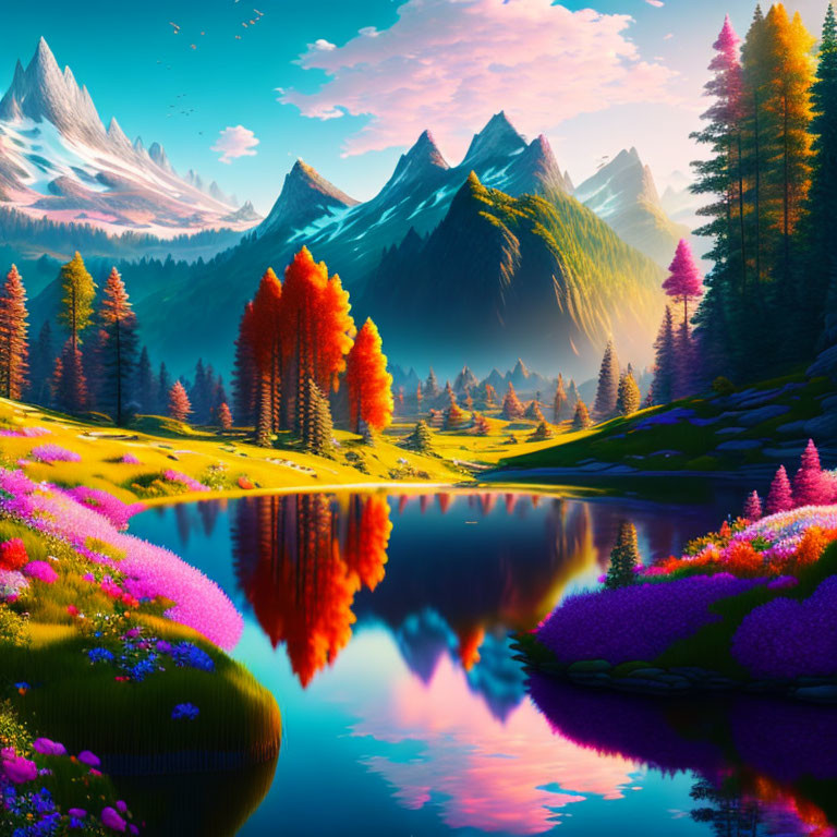 Colorful Landscape with Reflective Lake and Majestic Mountains