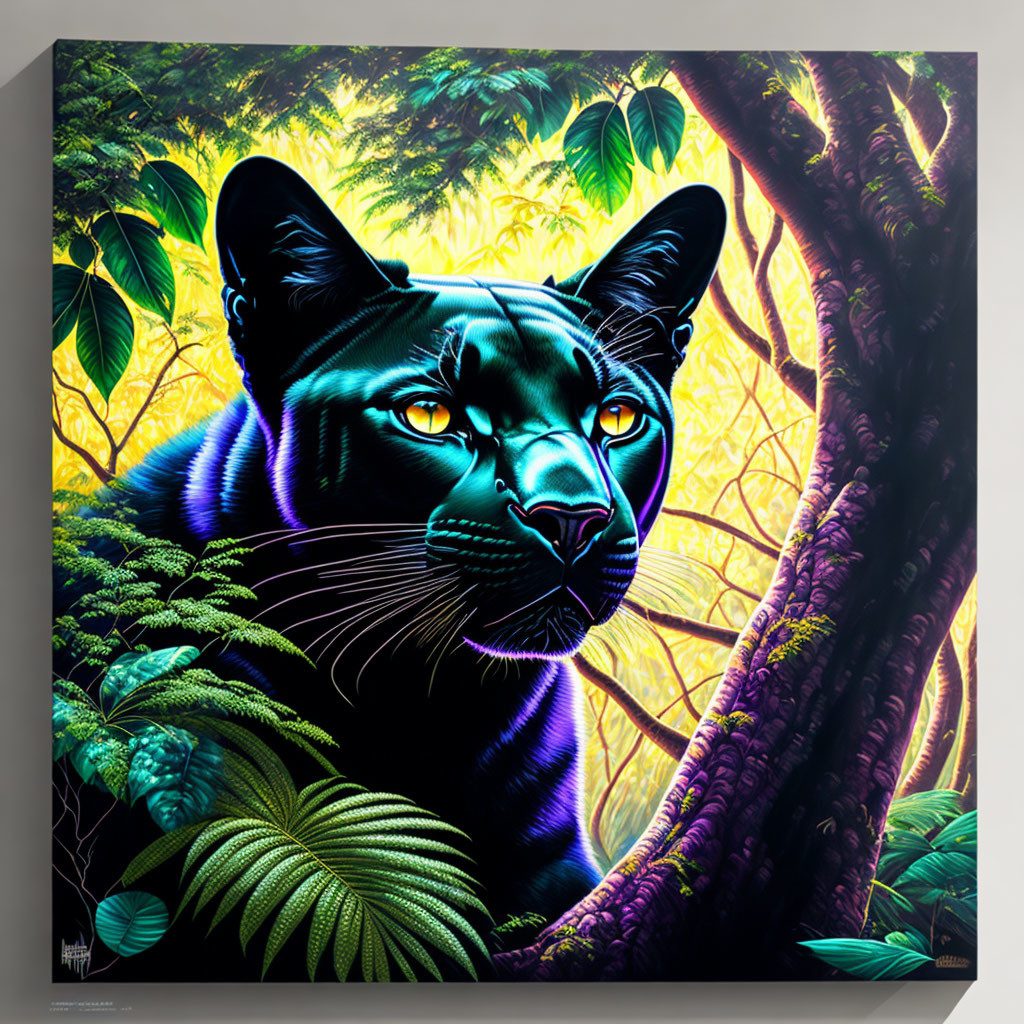 Digital artwork: Black panther with glowing eyes in lush jungle.