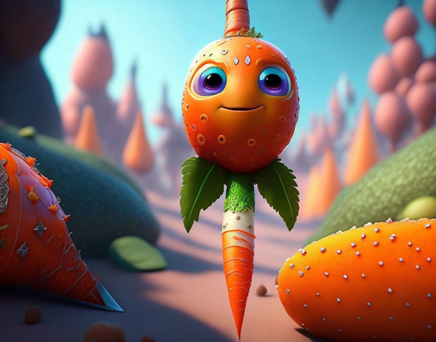 Animated carrot character in fantasy setting with vibrant vegetation