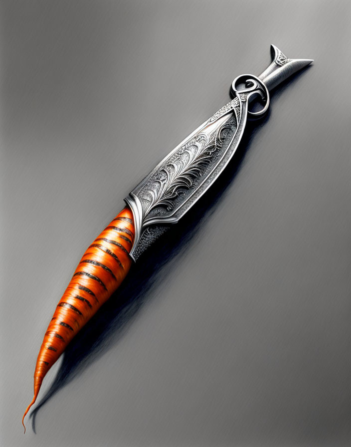 Detailed Etched Design Silver Dagger with Orange and Black Striped Hilt