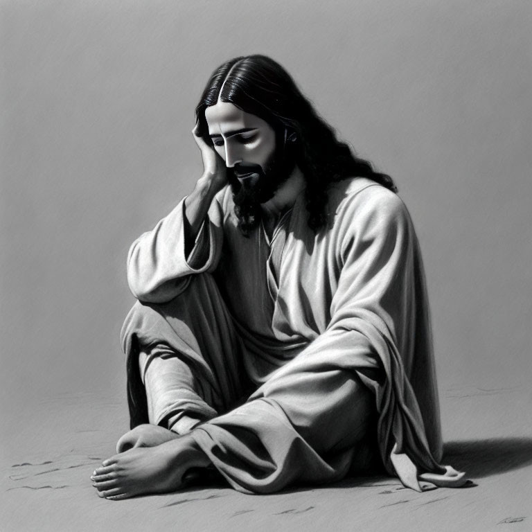 Monochromatic image of contemplative figure in robes sitting on ground