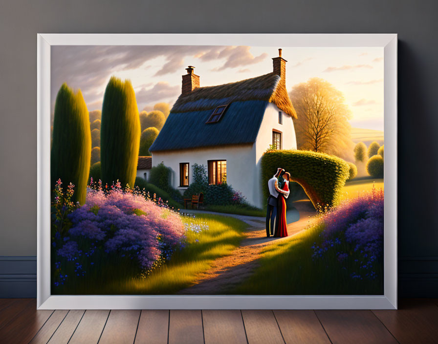 Framed countryside painting with embracing couple, flowers, trees, on wooden floor.