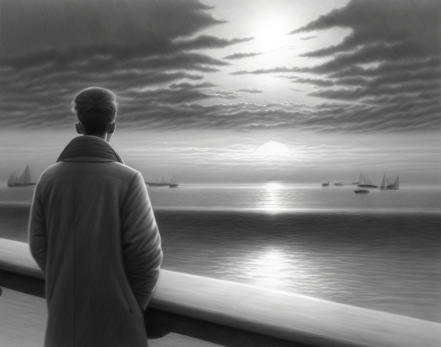 Monochrome sketch of person gazing at sailboats on tranquil sea