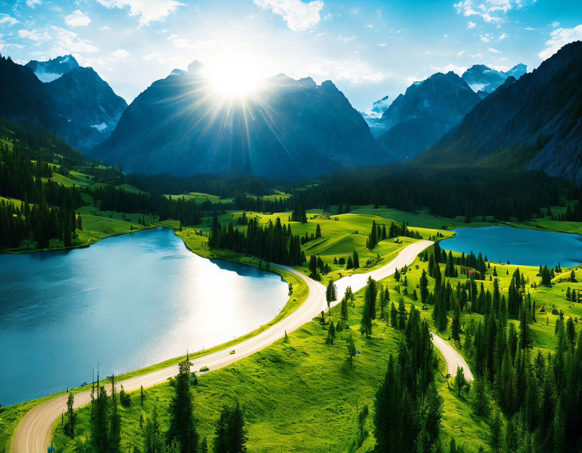 Scenic winding road through lush valley, lake, mountains