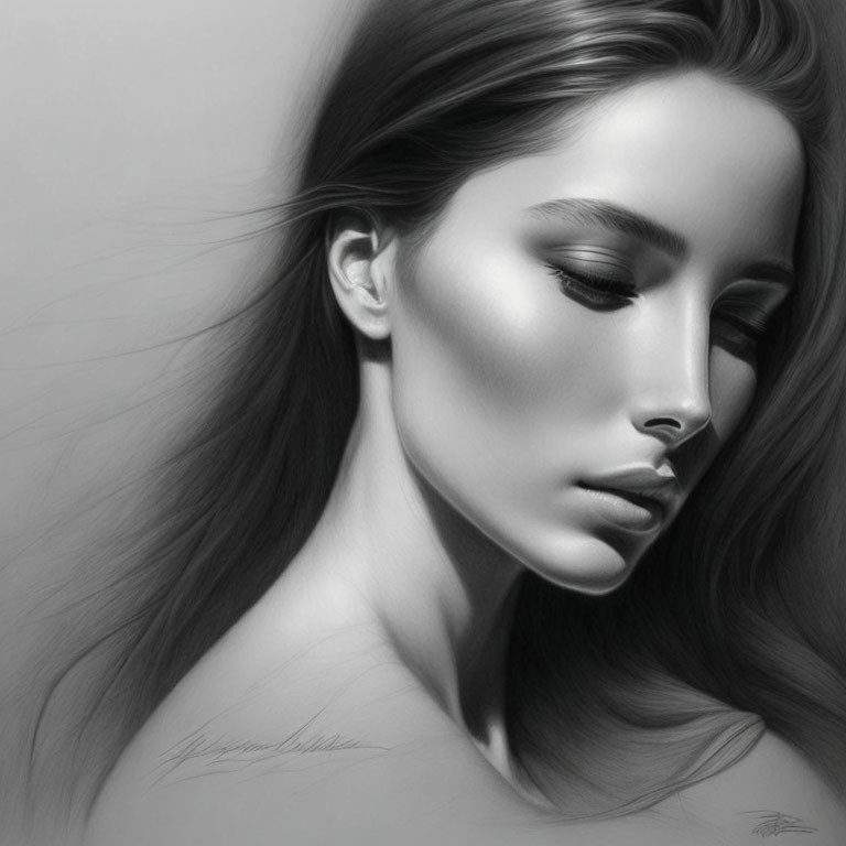 Monochrome sketch of woman with long hair and closed eyes