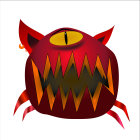 Red round creature with sharp teeth, green eye, and orange-yellow fins on white background