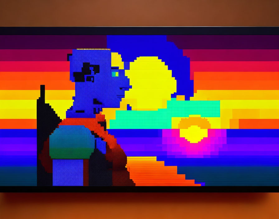 Digital pixel art of figure against vibrant sunset on screen