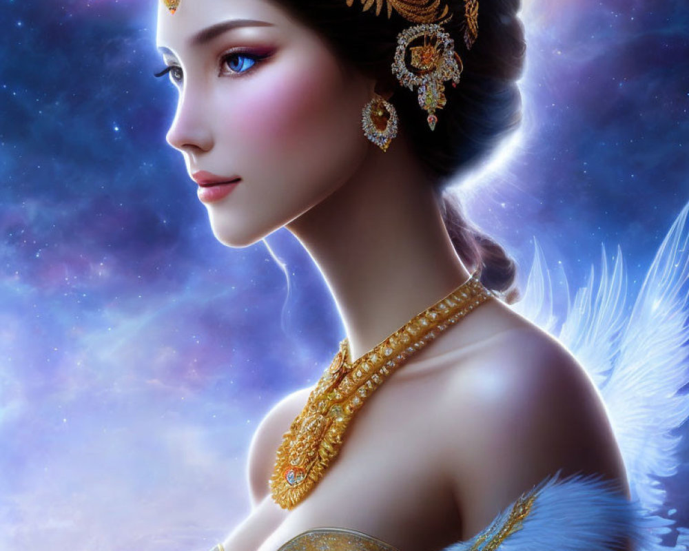 Celestial woman with gold jewelry, white wings, twilight starry background