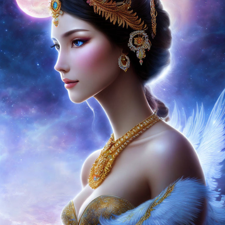 Celestial woman with gold jewelry, white wings, twilight starry background