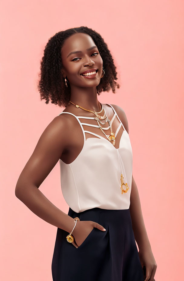 Smiling woman with curly hair in white top and navy bottom on pink background