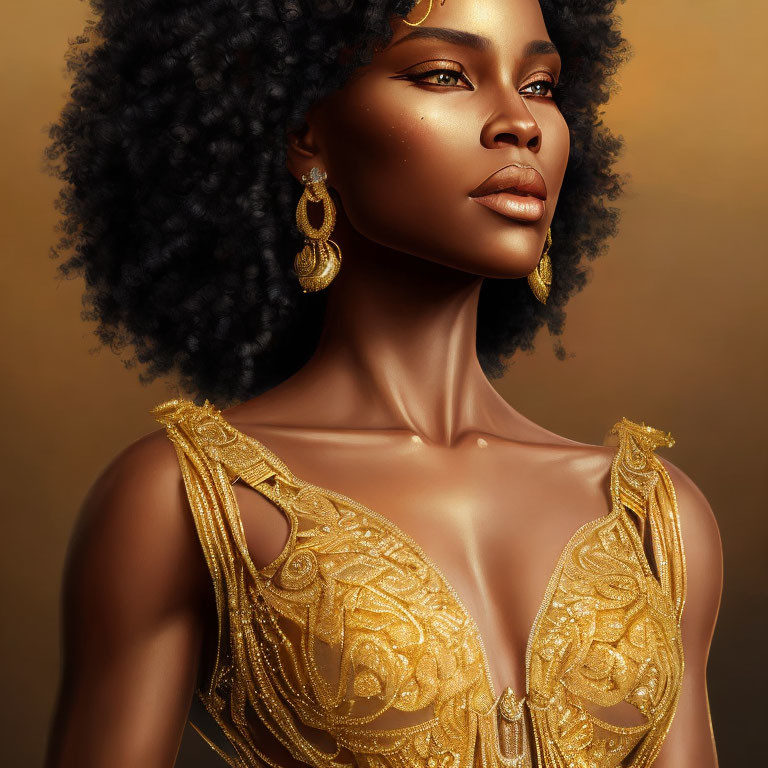 Woman in Golden Dress with Curly Hair and Earrings on Warm Background