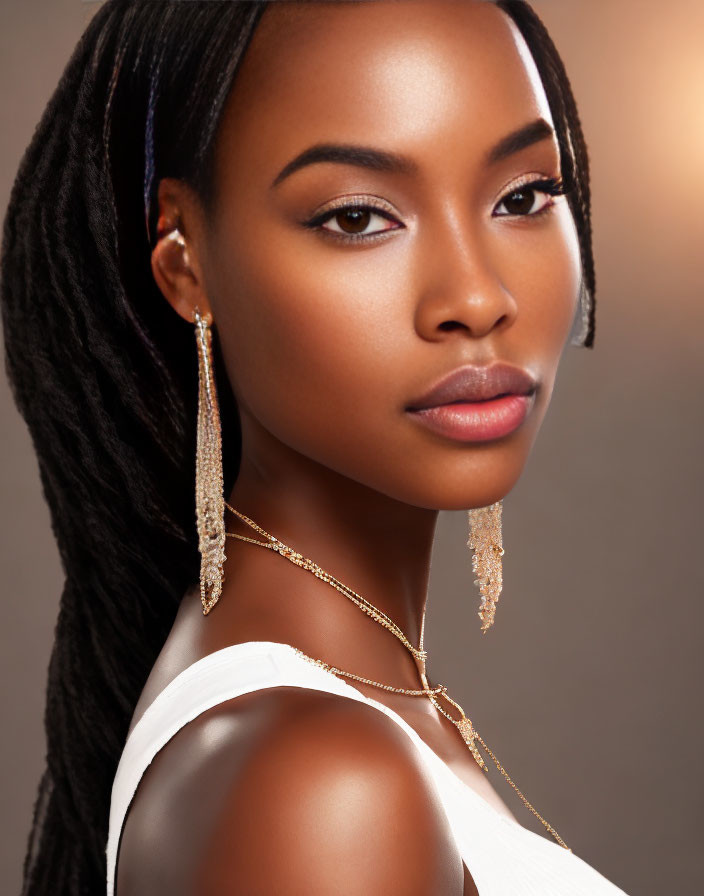 Portrait of woman with braided hair, gold earrings, delicate necklace, warm background