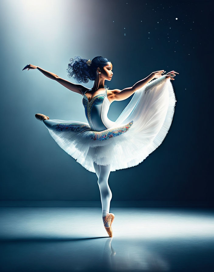 Ballet dancer on pointe in white tutu on dark blue backdrop