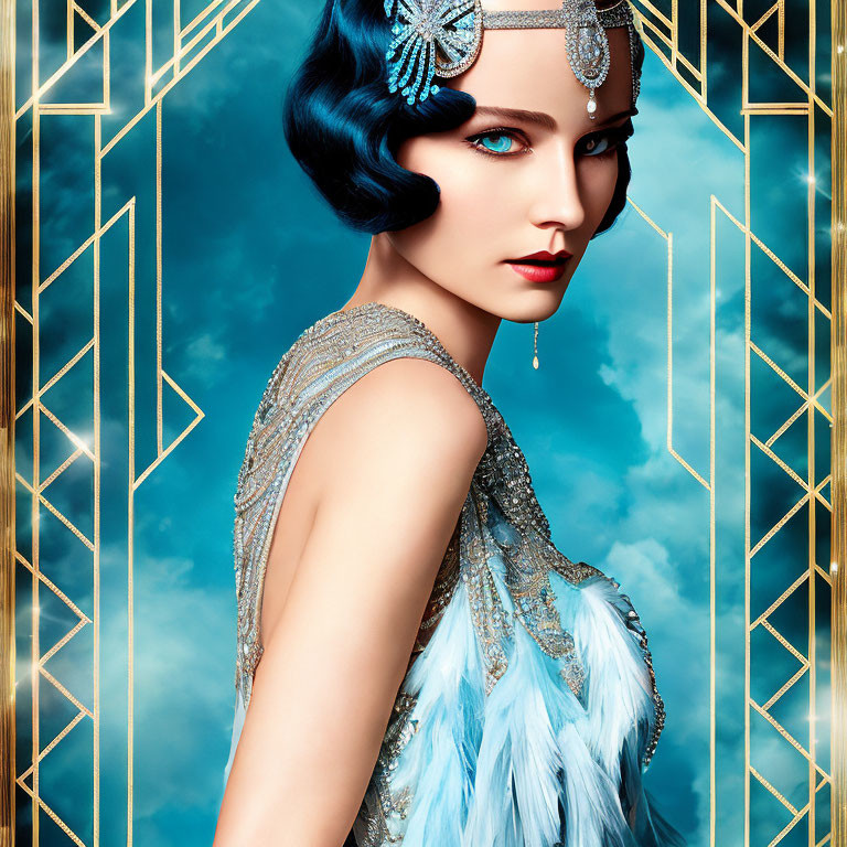 Vintage-inspired woman with Art Deco makeup in beaded dress and feather accessories