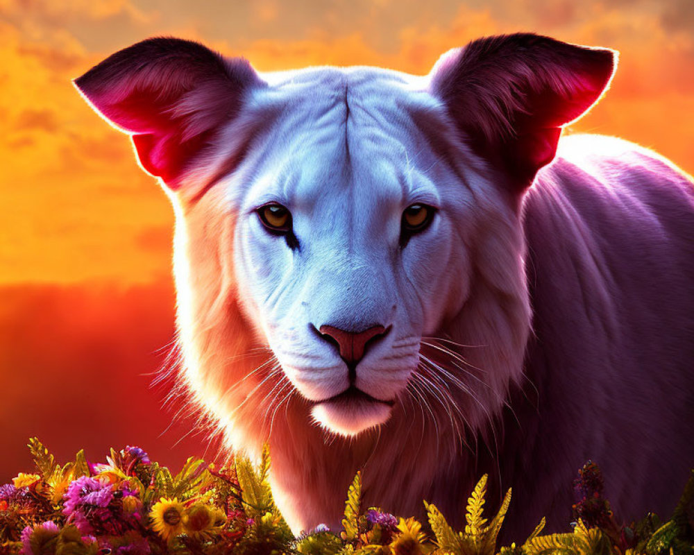 White lion with piercing eyes in vibrant sunset scene