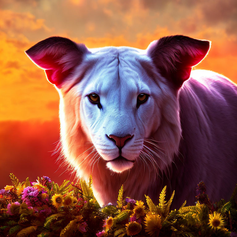 White lion with piercing eyes in vibrant sunset scene