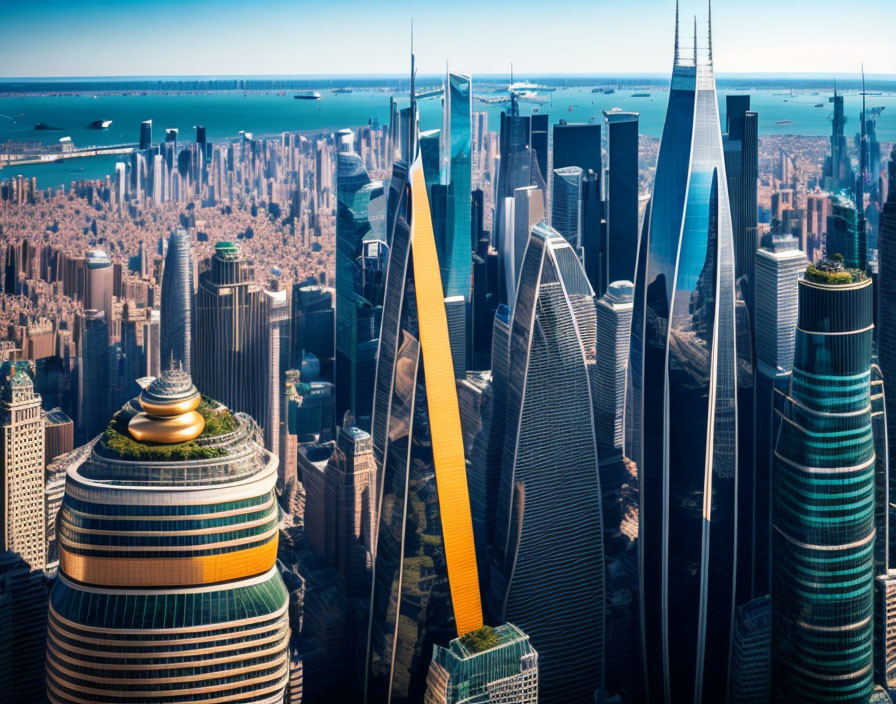 Futuristic cityscape with towering skyscrapers and green rooftops