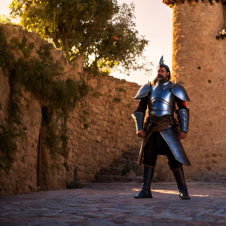 Medieval armored person in historic stone courtyard with warm sunlight.