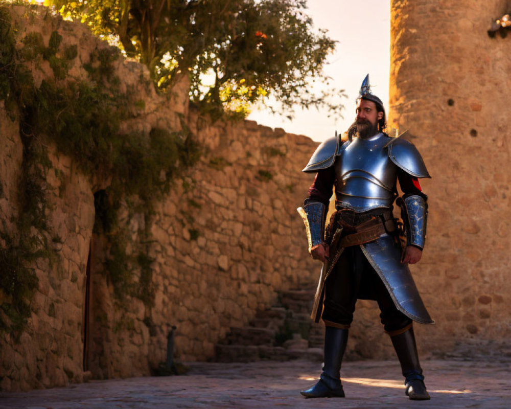 Medieval armored person in historic stone courtyard with warm sunlight.