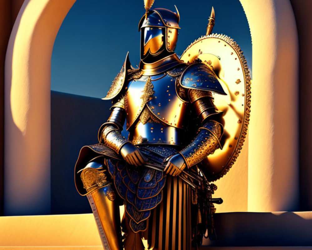 Golden-armored knight under archway at sunset exudes nobility