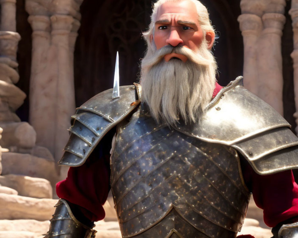 Elderly knight in steel armor with sword standing by castle stairs
