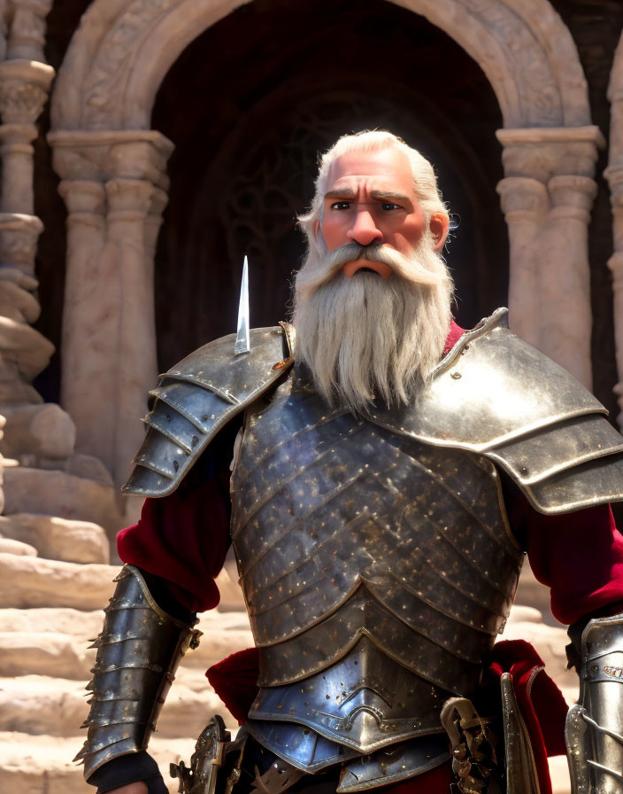 Elderly knight in steel armor with sword standing by castle stairs