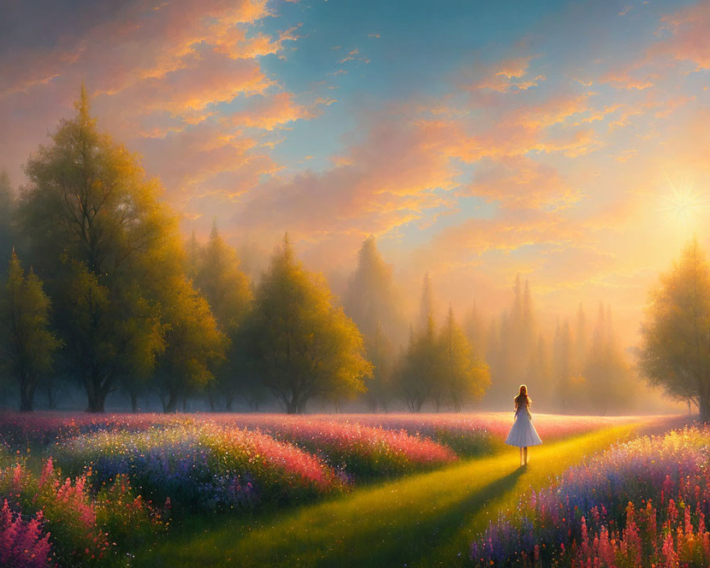 Girl in white dress surrounded by vibrant flower field at sunrise