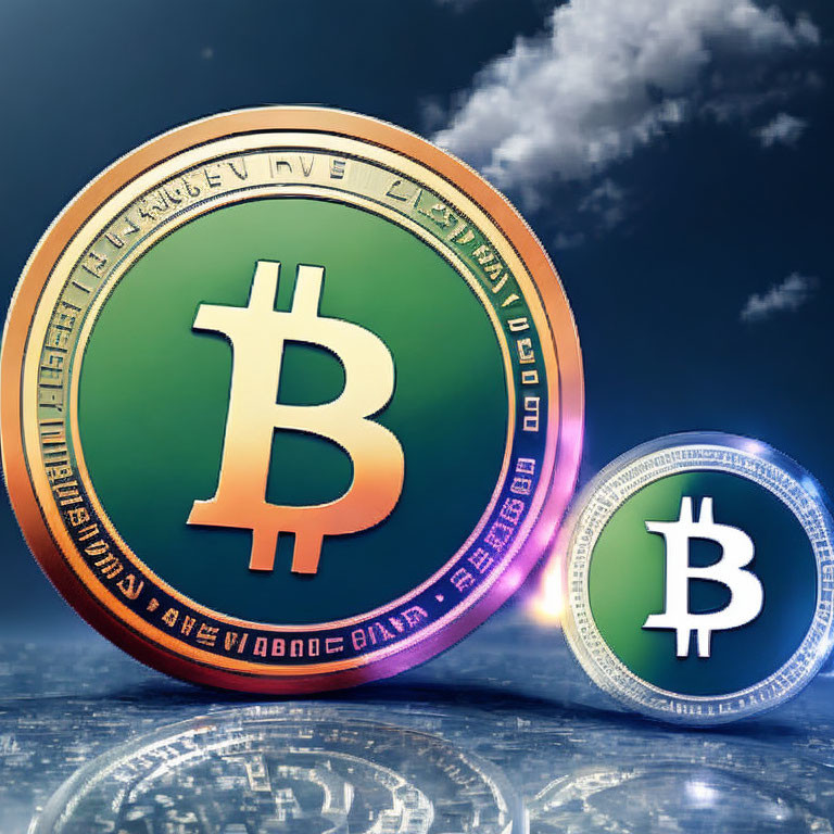 Gold and Silver Bitcoin Tokens Against Cloudy Sky Background