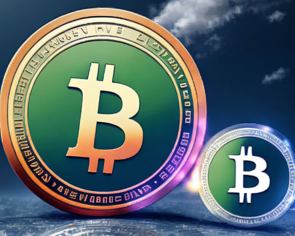 Gold and Silver Bitcoin Tokens Against Cloudy Sky Background