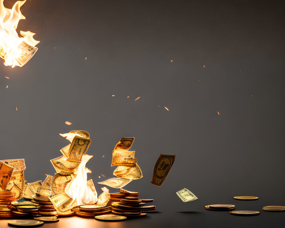 Burning banknotes and coins on dark background