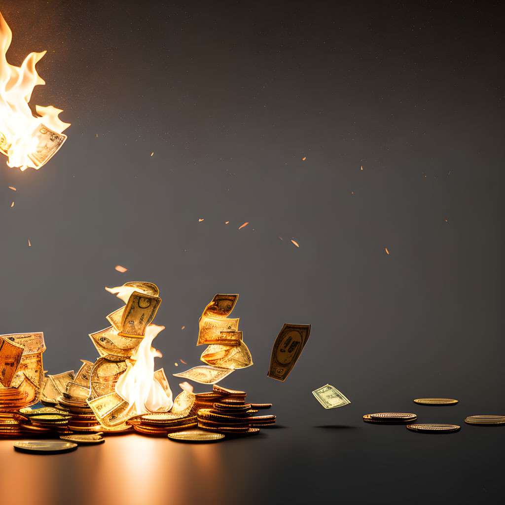 Burning banknotes and coins on dark background