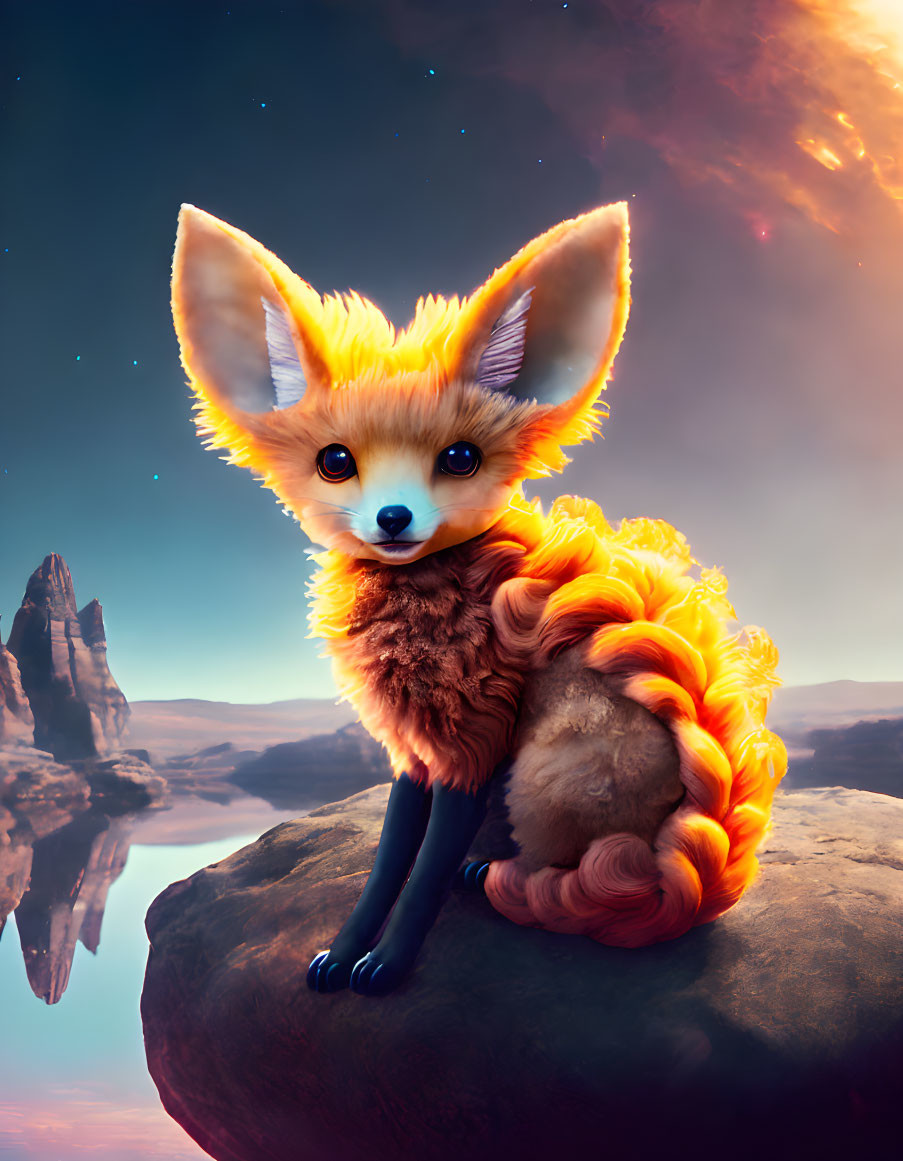 Stylized fox on rock against surreal sunset sky