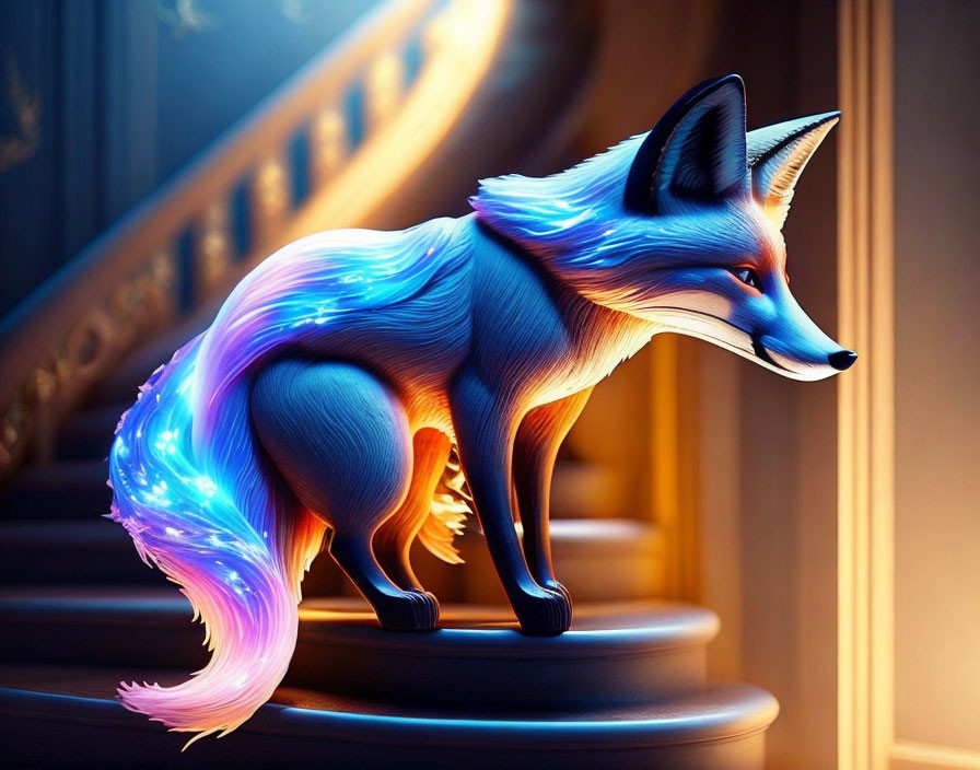 Colorful Digital Art: Luminous Fox on Wooden Staircase