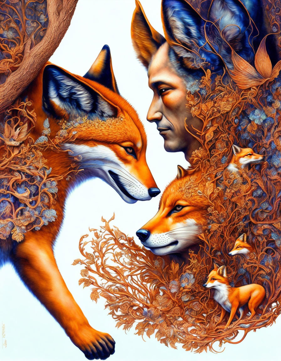 Detailed human-fox fusion surrounded by autumn scenery