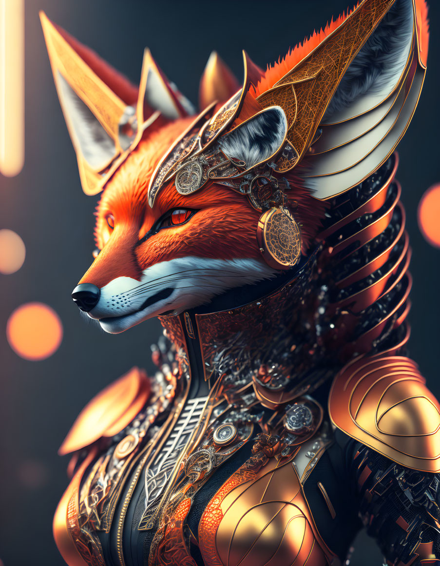 Stylized fox artwork with ornate armor and golden patterns on soft glowing background