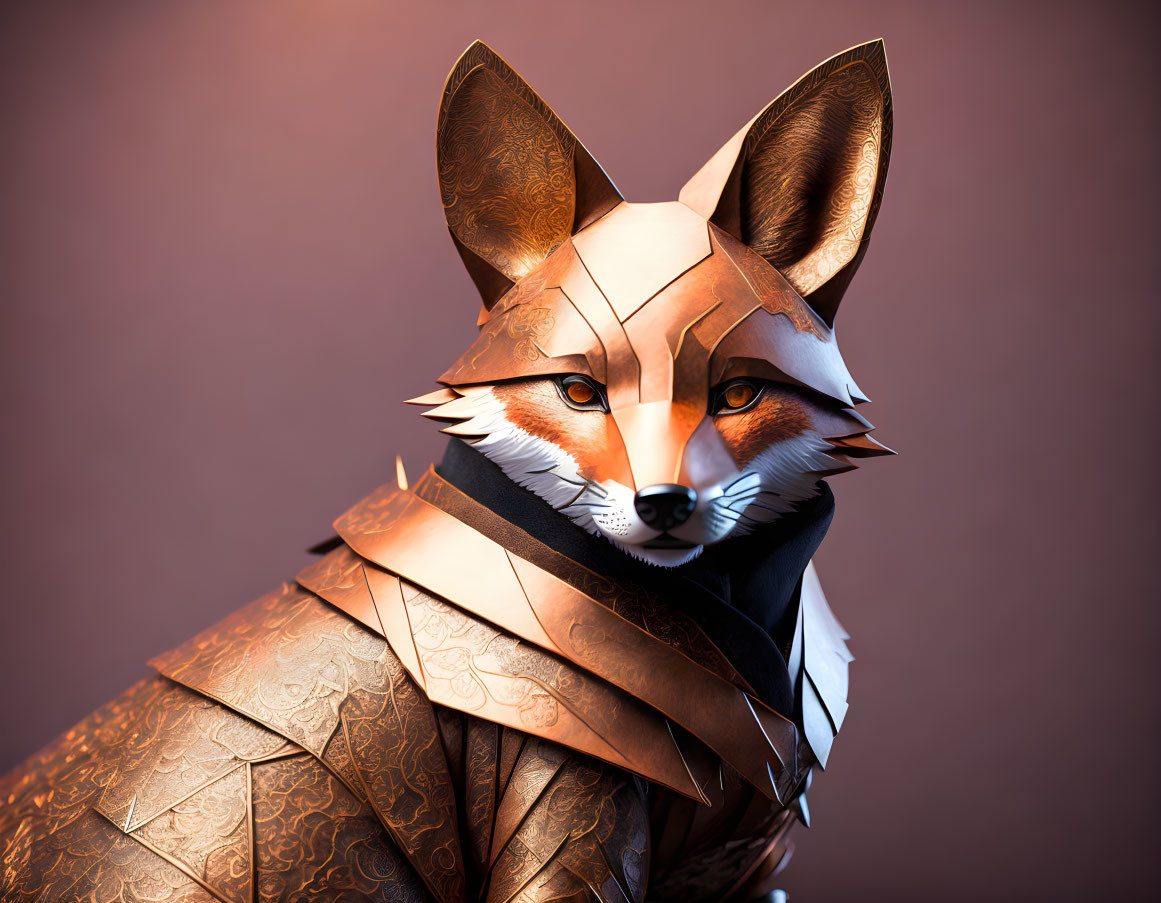 Geometric Fox Head with Detailed Textures and Shading on Warm Brown Background