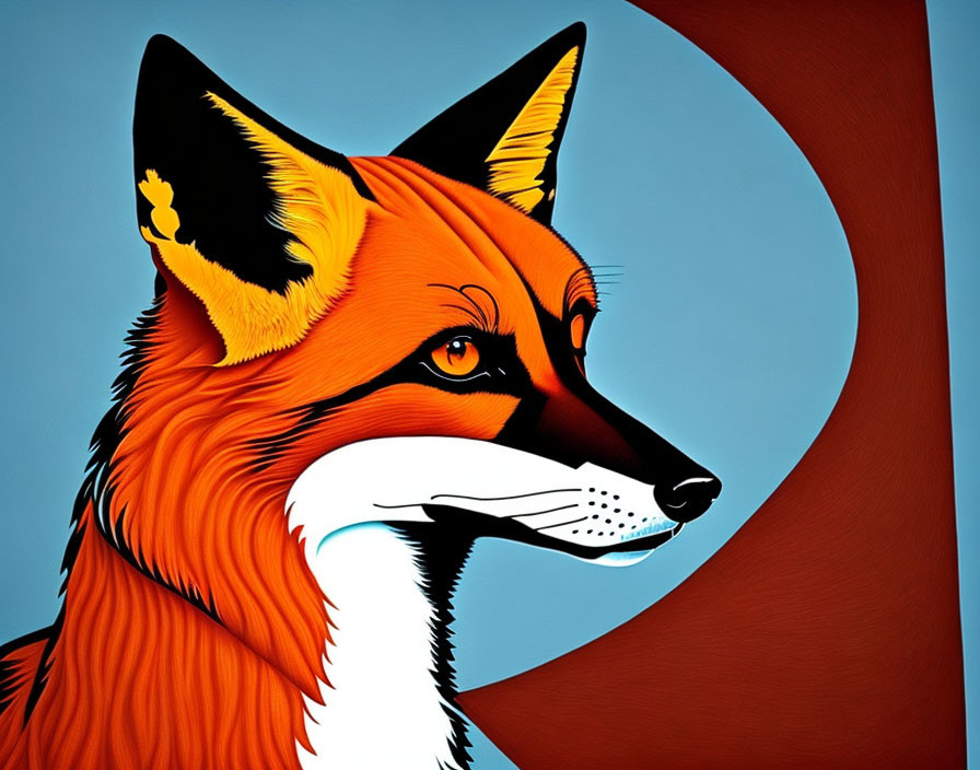 Stylized red and orange fox illustration on blue background with crescent shape