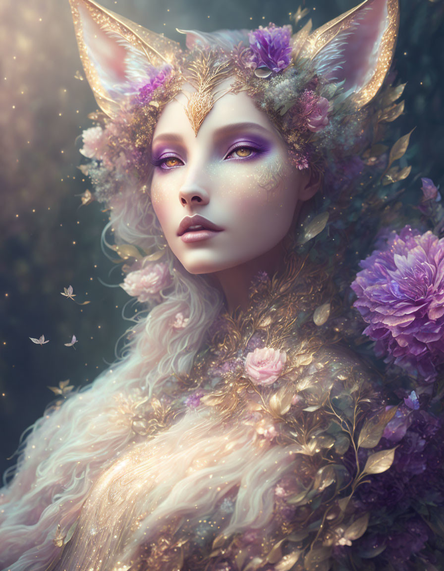 Fantasy portrait of female figure with pointed ears, golden eyes, purple flowers, and mystical aura.