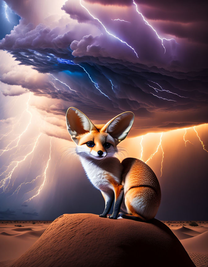 Fox on sand dune under purple storm clouds and lightning.