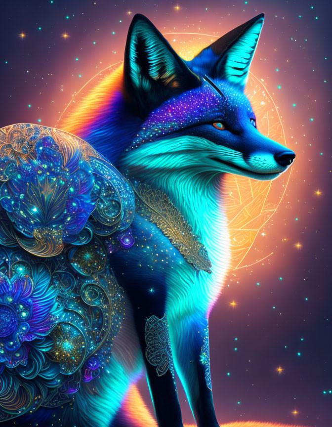 Colorful celestial fox digital art against starry space background