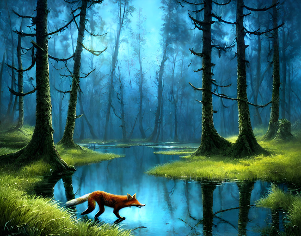 Fox by Tranquil Pond in Mystical Blue Forest