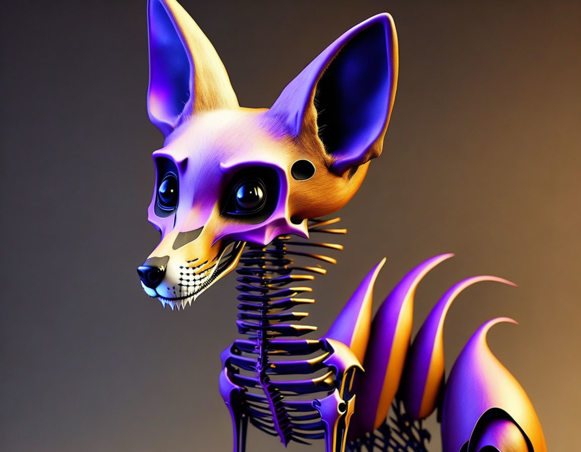 Vibrant 3D illustration of a skeletal fox-like creature with purple and yellow colors